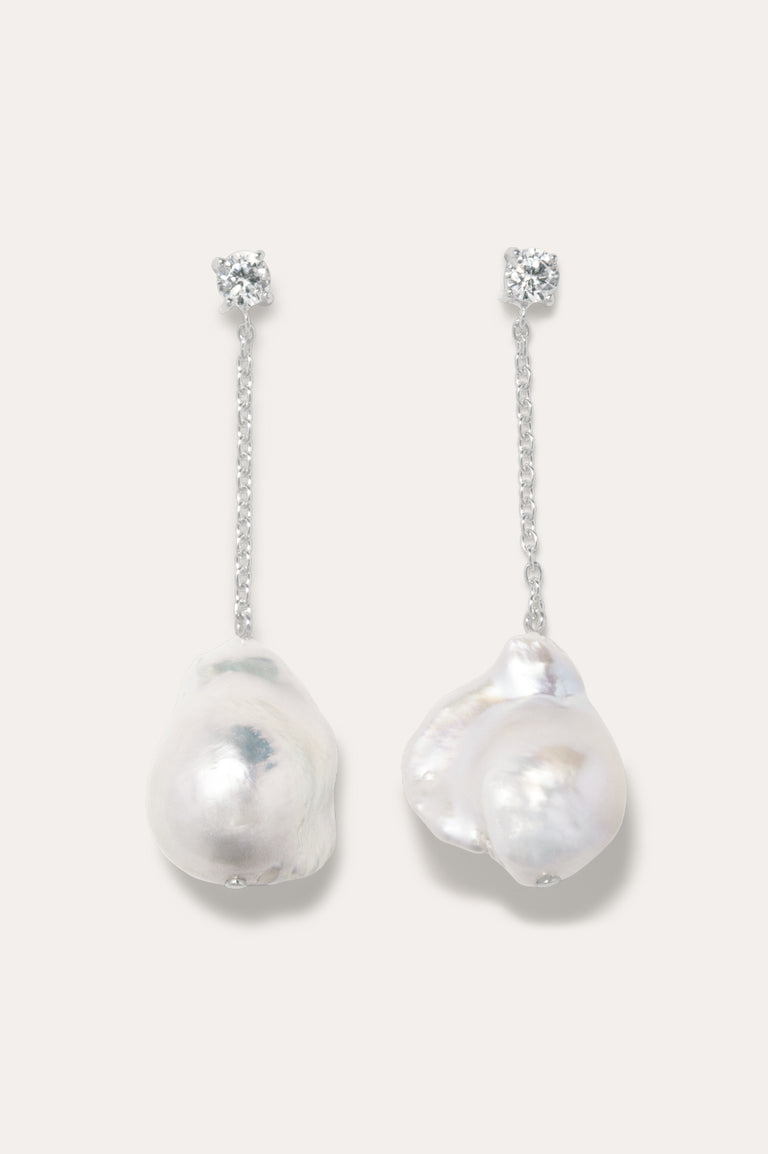 Suspended Boulder - Pearl and Zirconia Recycled Silver Earrings