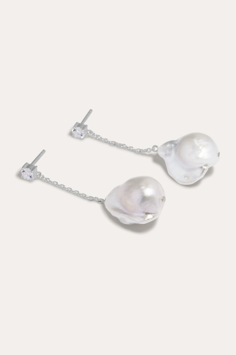 Suspended Boulder - Pearl and Zirconia Recycled Silver Earrings