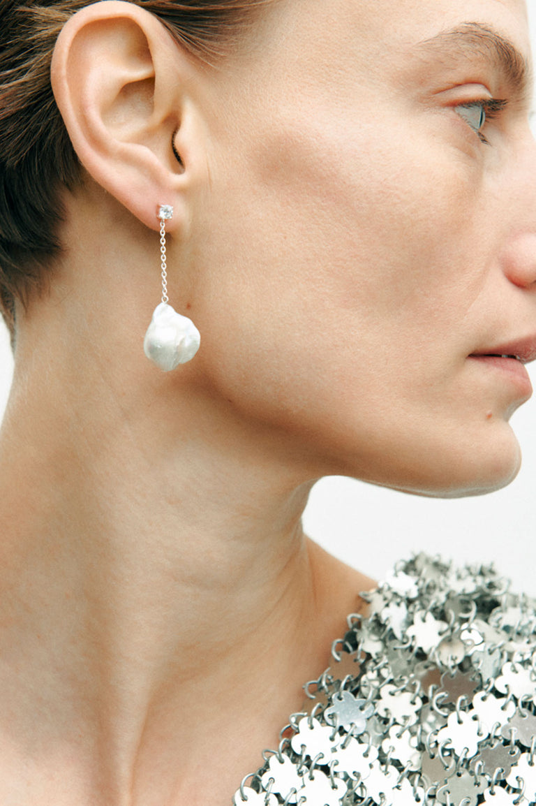 Suspended Boulder - Pearl and Zirconia Recycled Silver Earrings