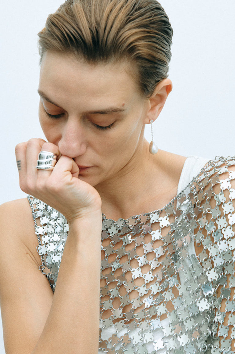Suspended Boulder - Pearl and Zirconia Recycled Silver Earrings