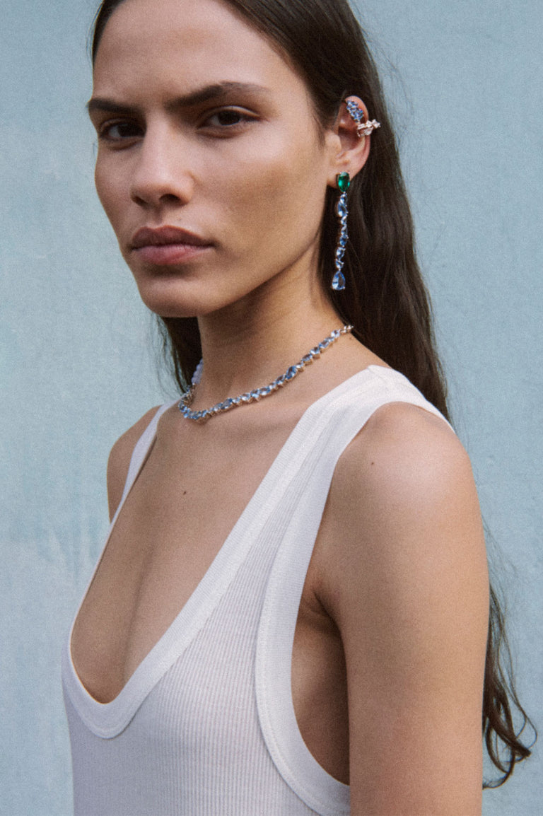 Bolt from the Blue - Emerald Zirconia and Synthetic Blue Spinel Recycled Silver Earrings