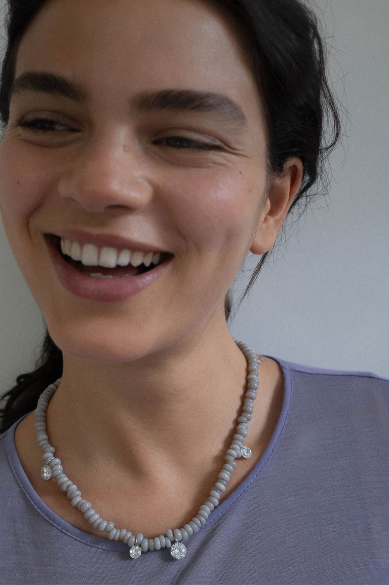 The Clustered Stars - Cubic Zirconia and Grey Glass Bead Rhodium Rhodium Plated Necklace