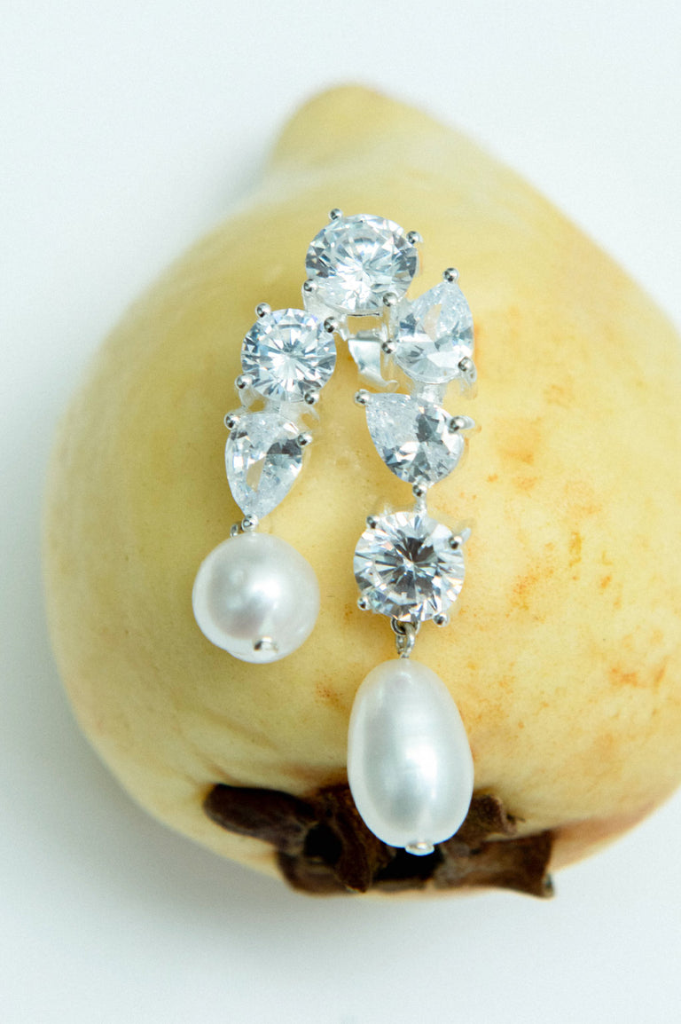 Cascading - Pearl and Zirconia Recycled Silver Earrings