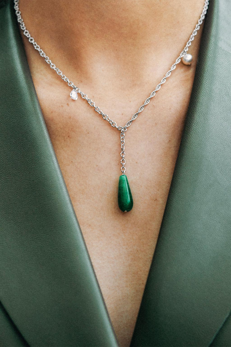 The Depths of Time - Pearl, Green Chaloedony and Zirconia Sterling Silver Necklace