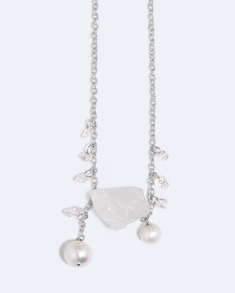 Pendulum - Pearl, Zirconia and Rock Crystal Recycled Silver Necklace
