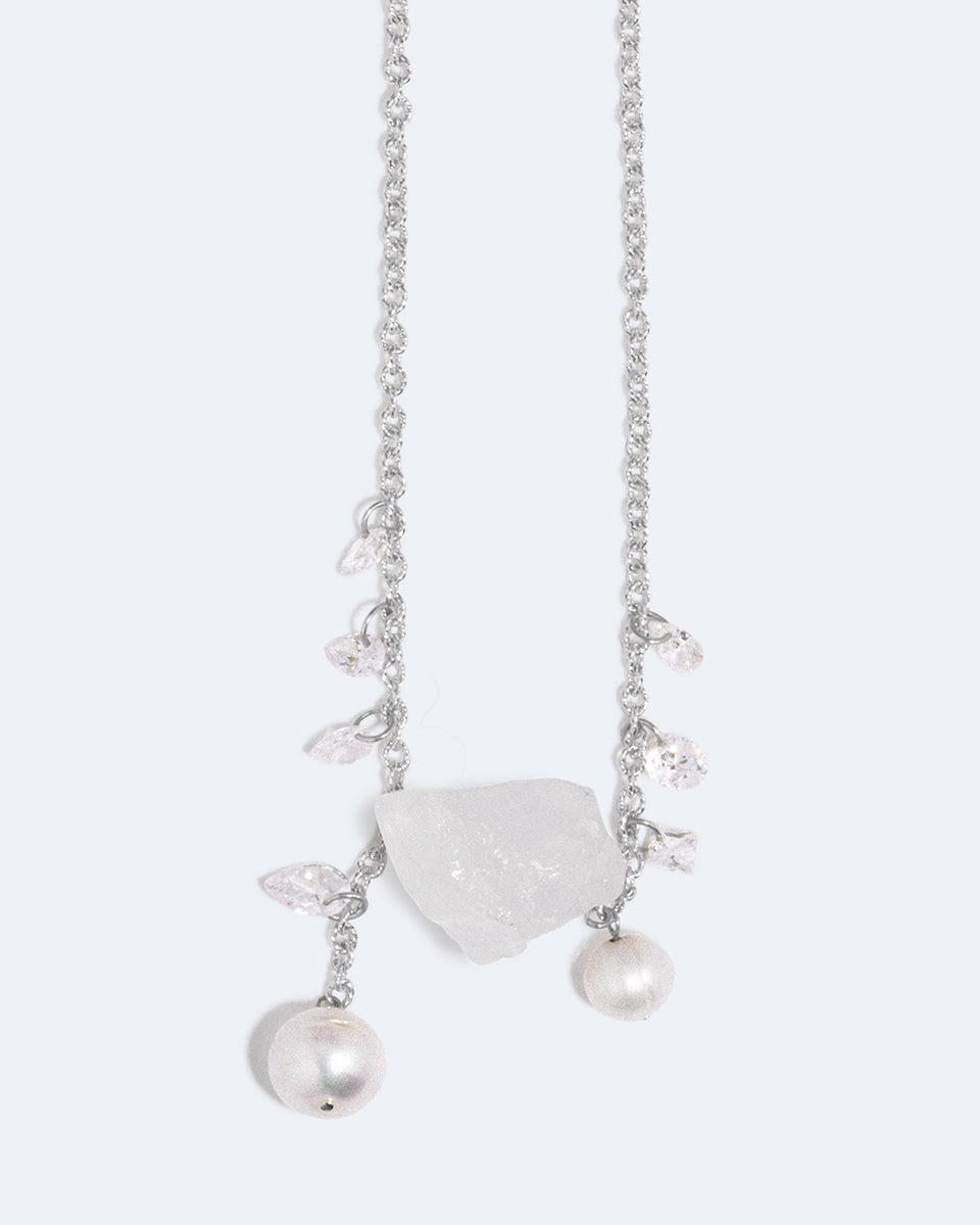 Pendulum - Pearl, Zirconia and Rock Crystal Recycled Silver Necklace