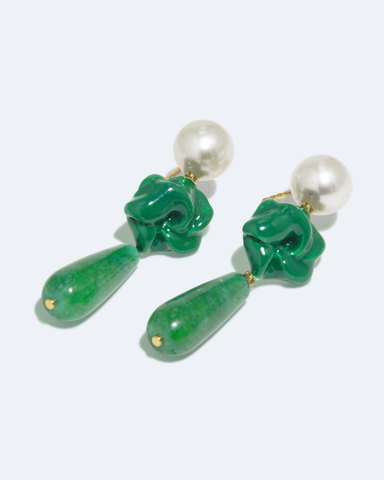 The Depths of Time - Pearl, Green Chalcedony and Enamel Recycled Gold Vermeil Earrings