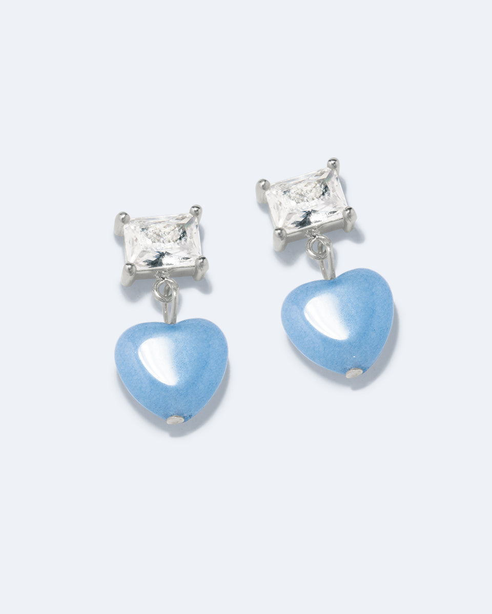 The Heart's Window - Blue Heart Bead and Zirconia Recycled Silver Earrings