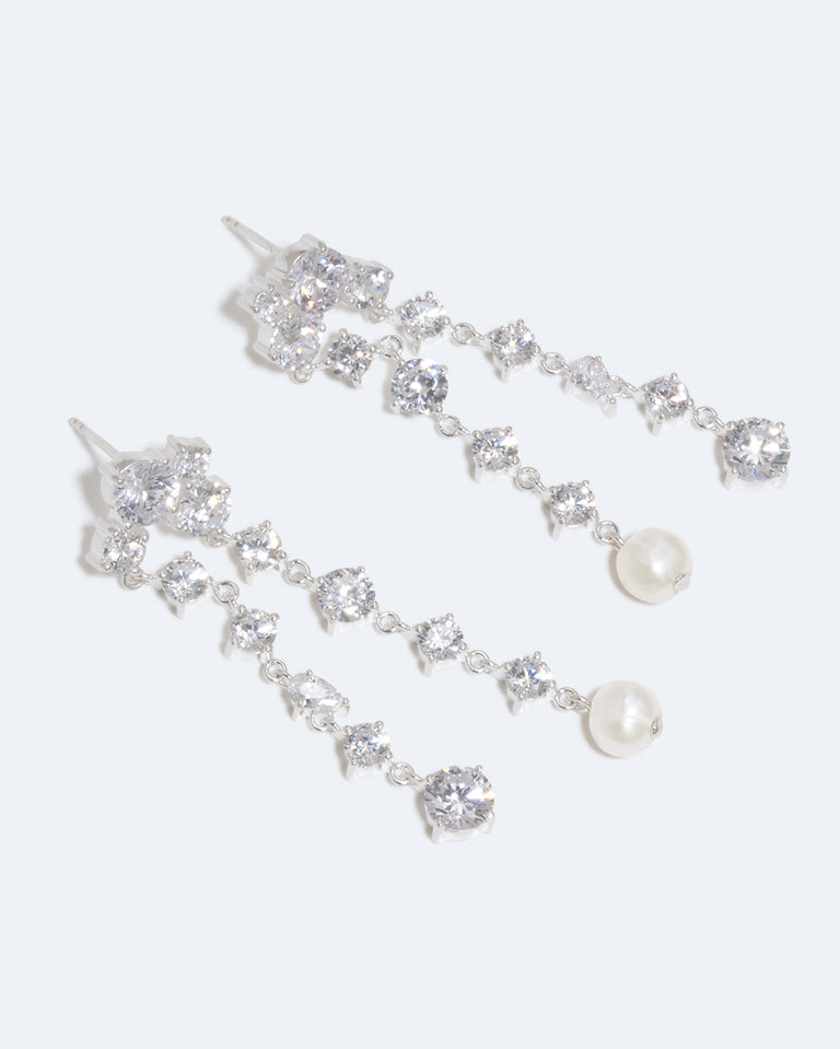 Trickles - Pearl and Zirconia Recycled Silver Earrings