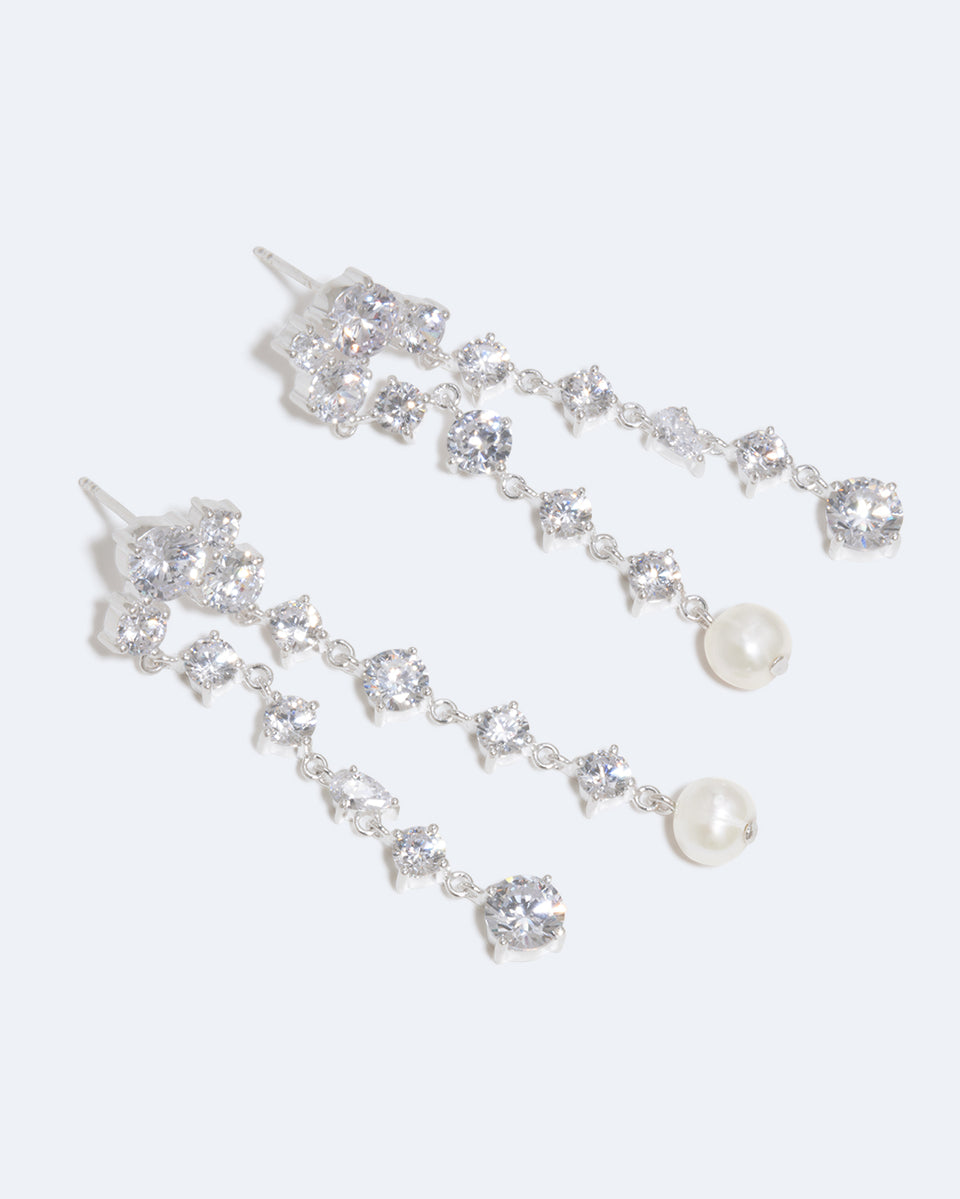 Trickles - Pearl and Zirconia Recycled Silver Earrings