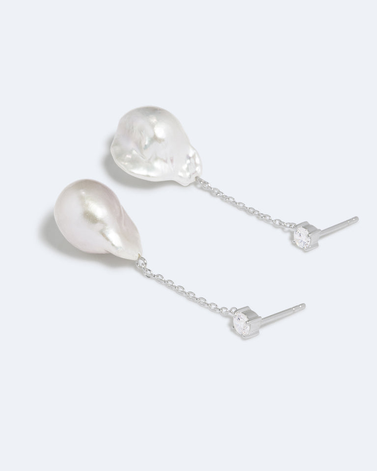 Suspended Boulder - Pearl and Zirconia Recycled Silver Earrings