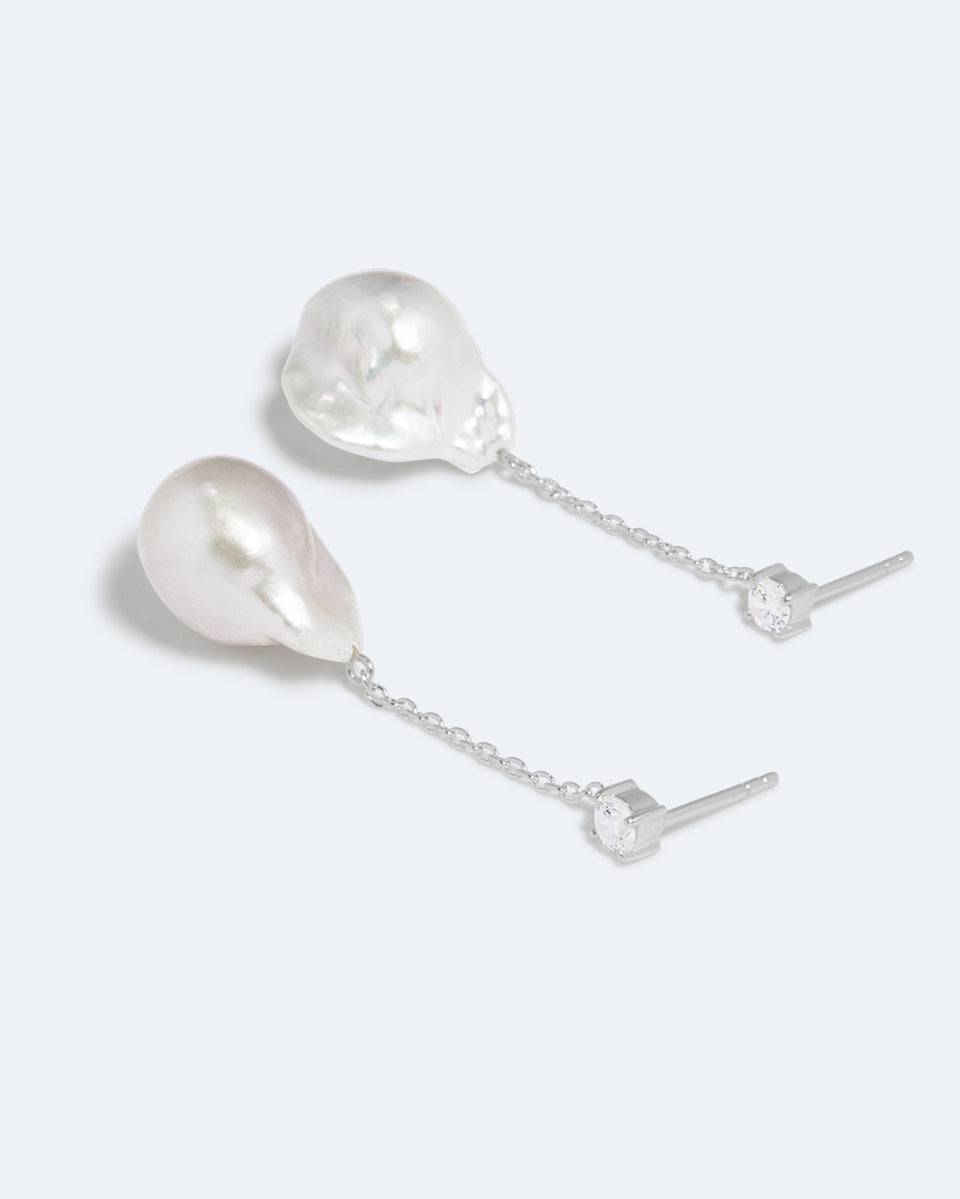 Suspended Boulder - Pearl and Zirconia Recycled Silver Earrings