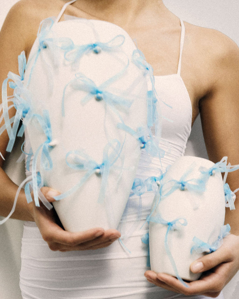 Pearly Pearl - Large Vase In Matte White w/ Organza Ribbon