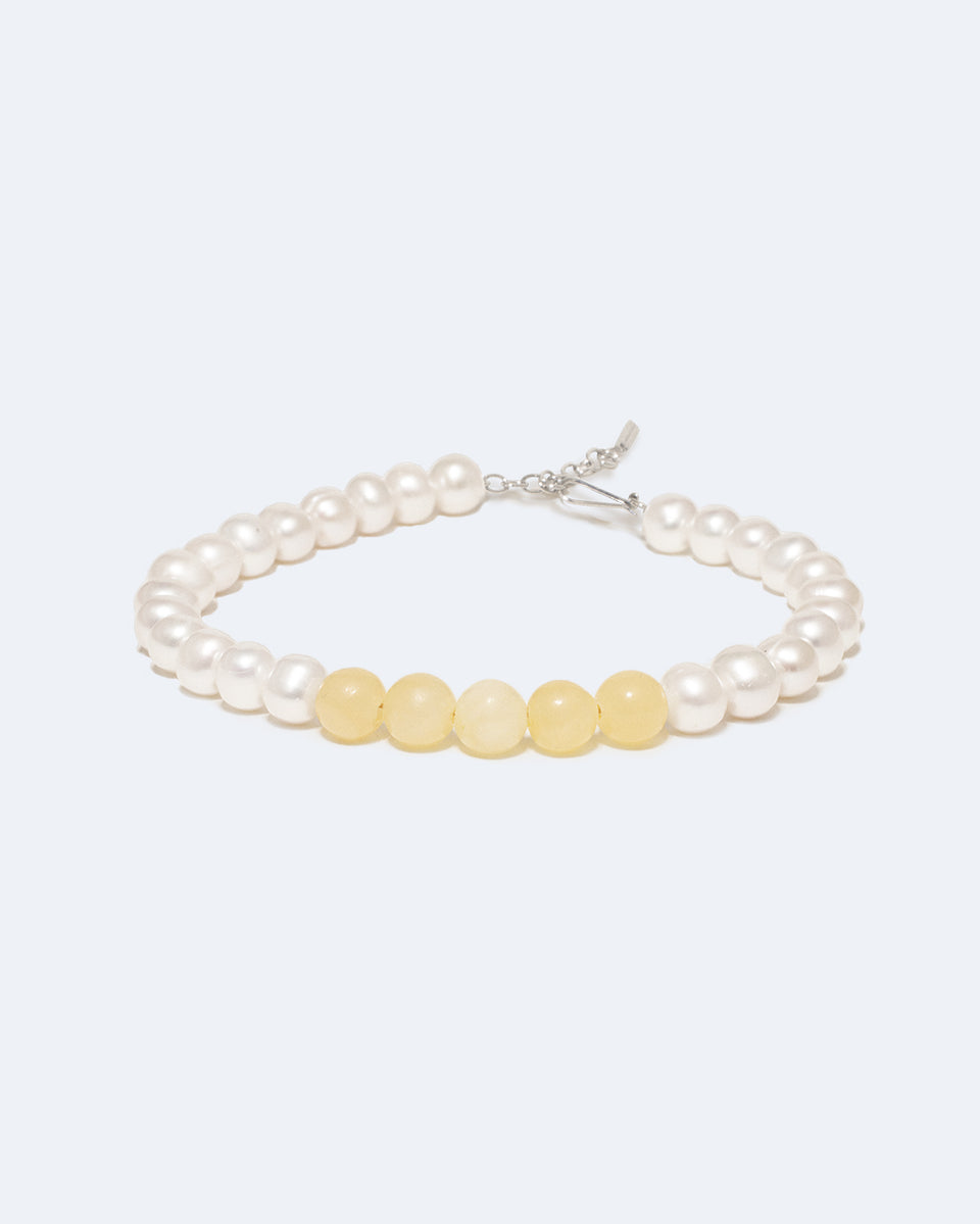So Far So Good -  Pearl and Yellow Jade Bead Platinum Plated Bracelet
