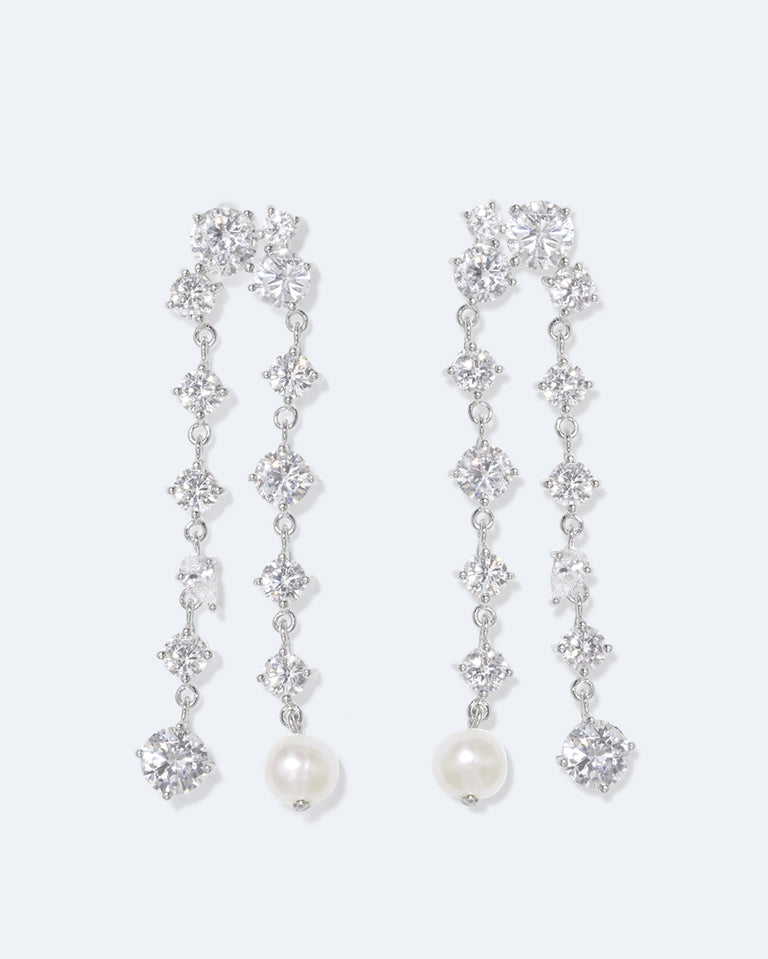 Trickles - Pearl and Zirconia Recycled Silver Earrings