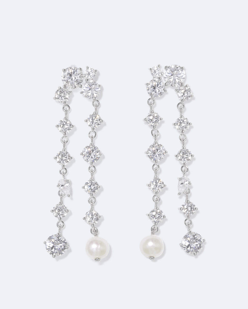 Trickles - Pearl and Zirconia Recycled Silver Earrings