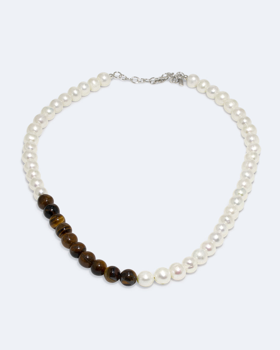 So Far So Good -  Pearl and Tiger Eye Bead Platinum Plated Necklace