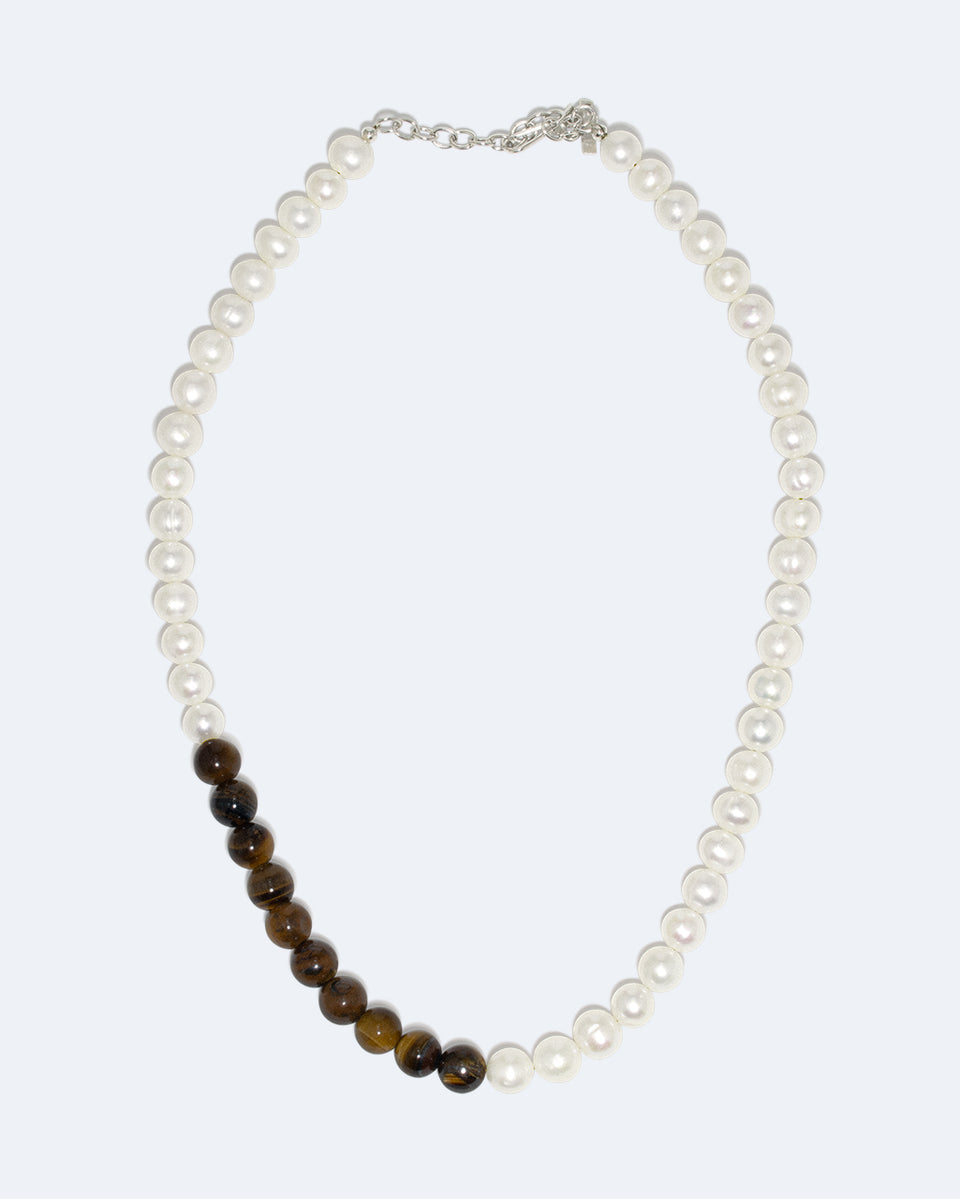 So Far So Good -  Pearl and Tiger Eye Bead Platinum Plated Necklace