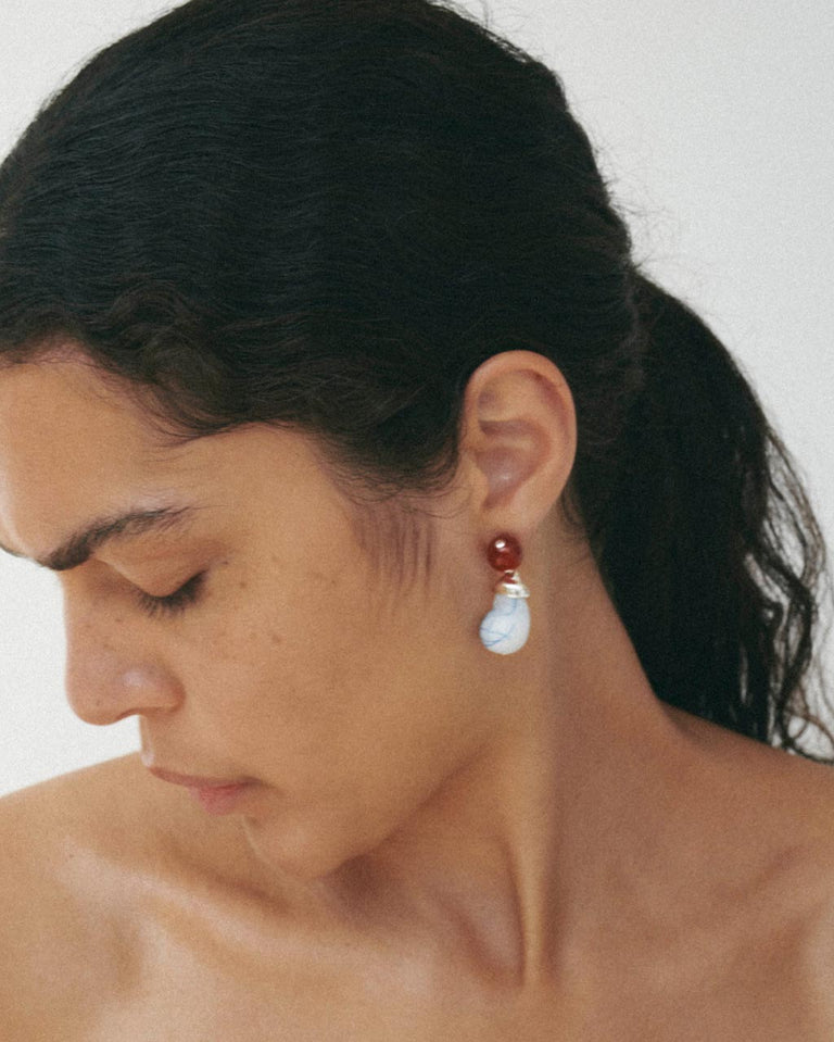 Beak - Blue Resin and Red Lace Agate Recycled Silver Earrings