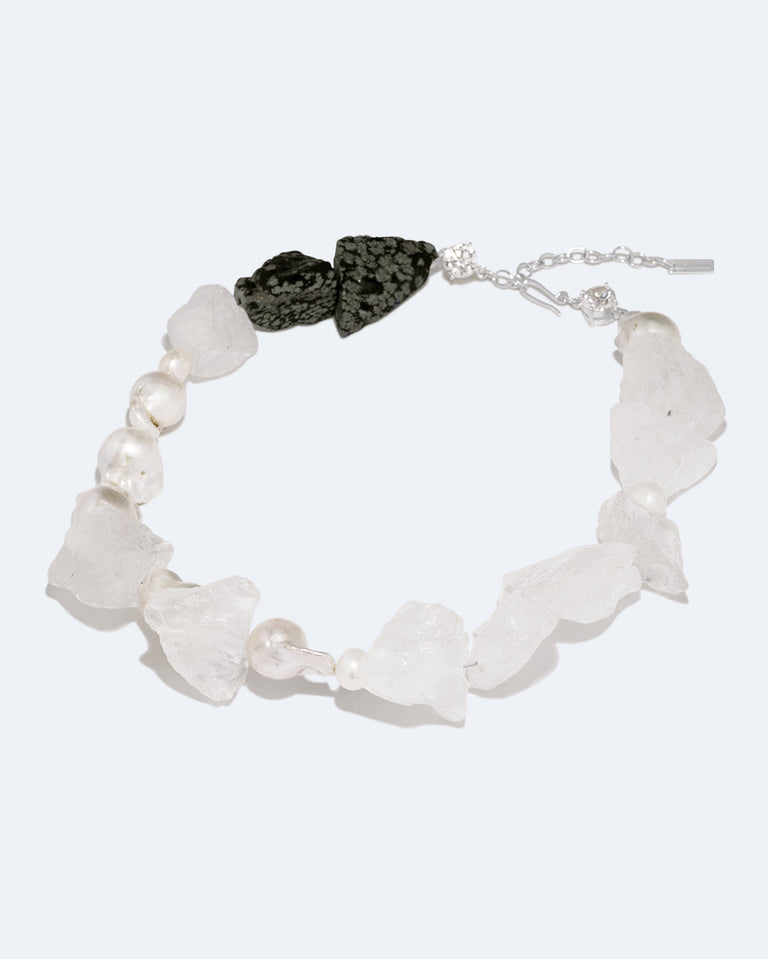 Rock Bottom - Pearl, Zirconia, Snowflake Obsidian and Rock Crystal Recycled Silver Necklace