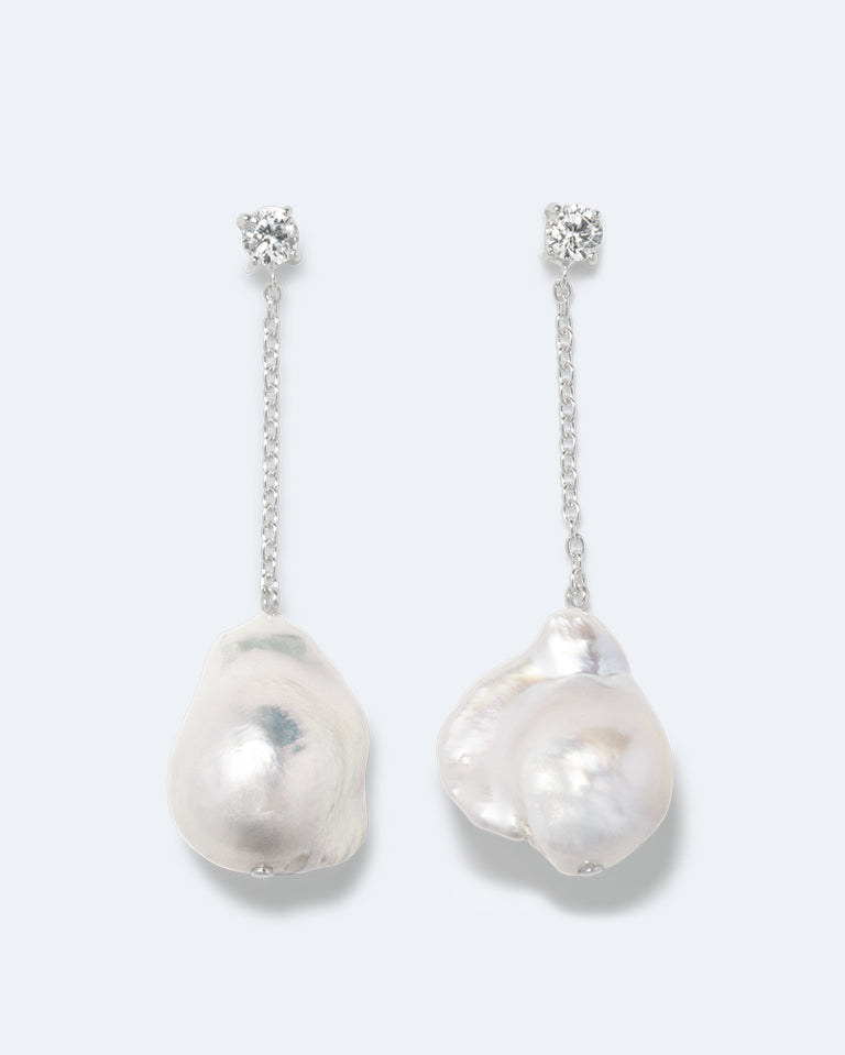 Suspended Boulder - Pearl and Zirconia Recycled Silver Earrings
