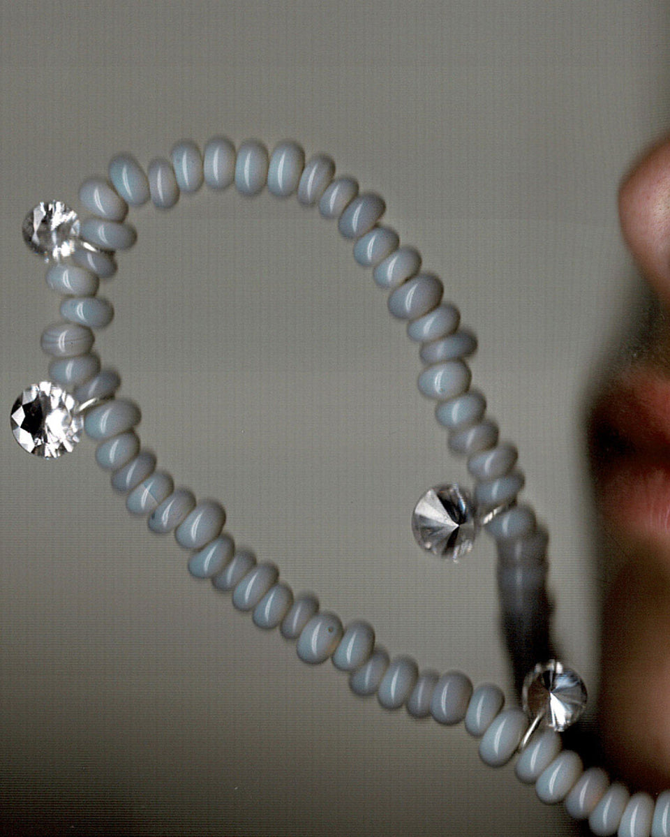 The Clustered Stars - Cubic Zirconia and Grey Glass Bead Rhodium Rhodium Plated Necklace