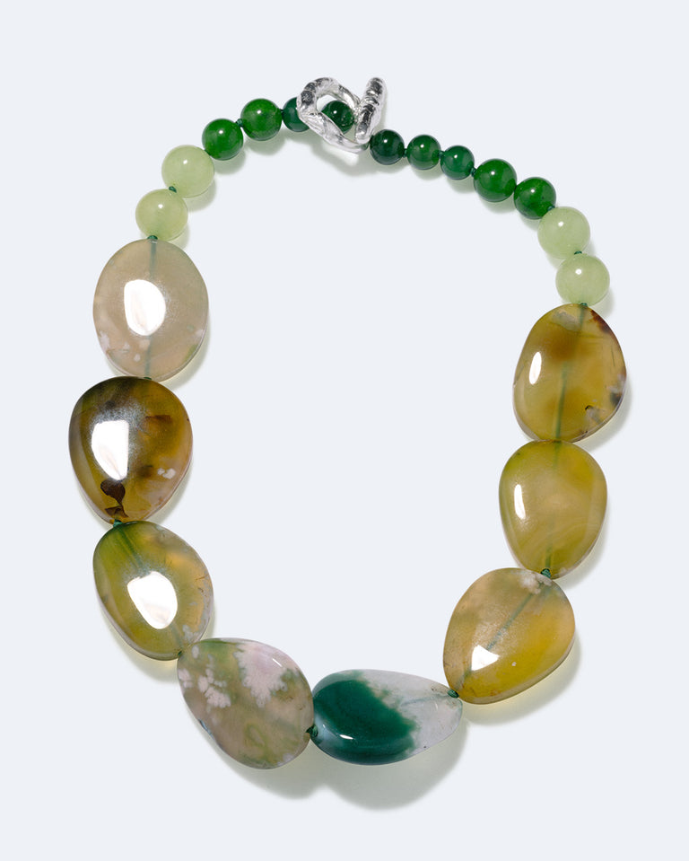 Time Will Say Nothing But "I Told You So" - Olive Cherry Blossom Agate and Green Calcite Silver Plated Necklace