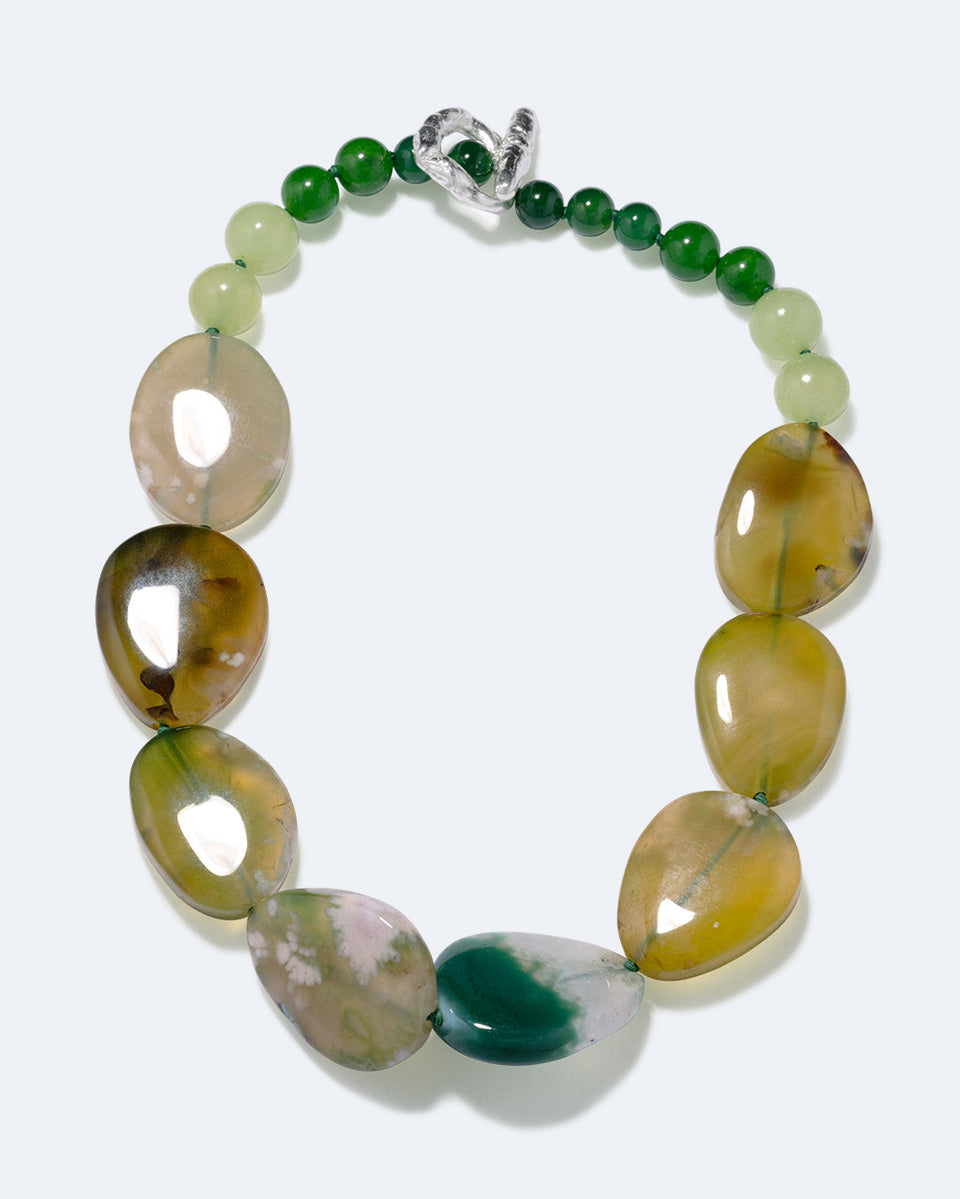 Time Will Say Nothing But "I Told You So" - Olive Cherry Blossom Agate and Green Calcite Silver Plated Necklace