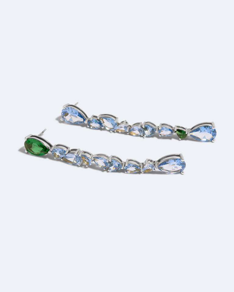 Bolt from the Blue - Emerald Zirconia and Synthetic Blue Spinel Recycled Silver Earrings