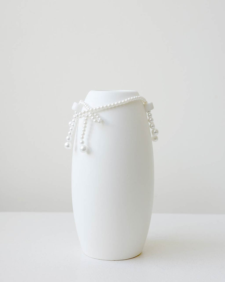 Where Time Thins - Small Vase In Matte White w/ Faux Pearl