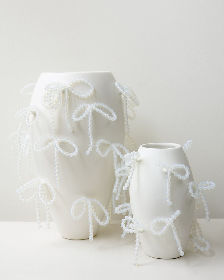 "Notsobig" Power, Corruption, Lies - Small Vase In Matte White w/ Iridescent Opalite Bows