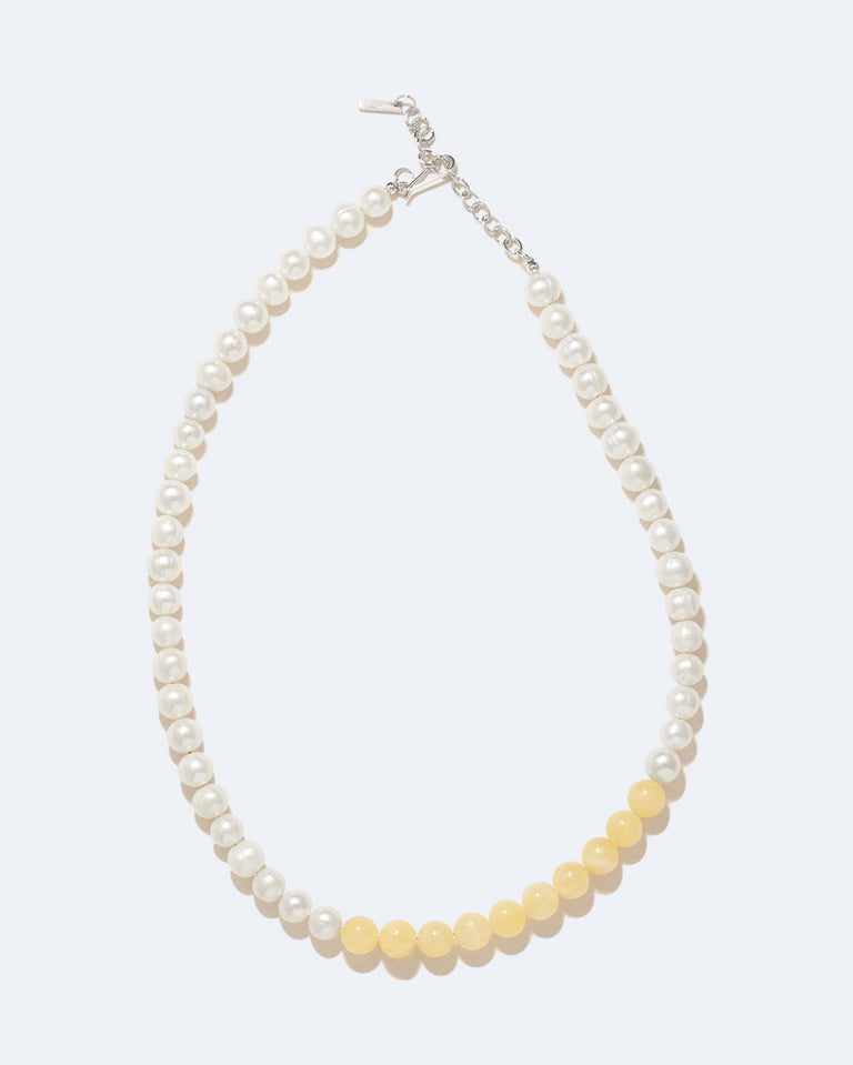 So Far So Good -  Pearl and Yellow Jade Bead Platinum Plated Necklace