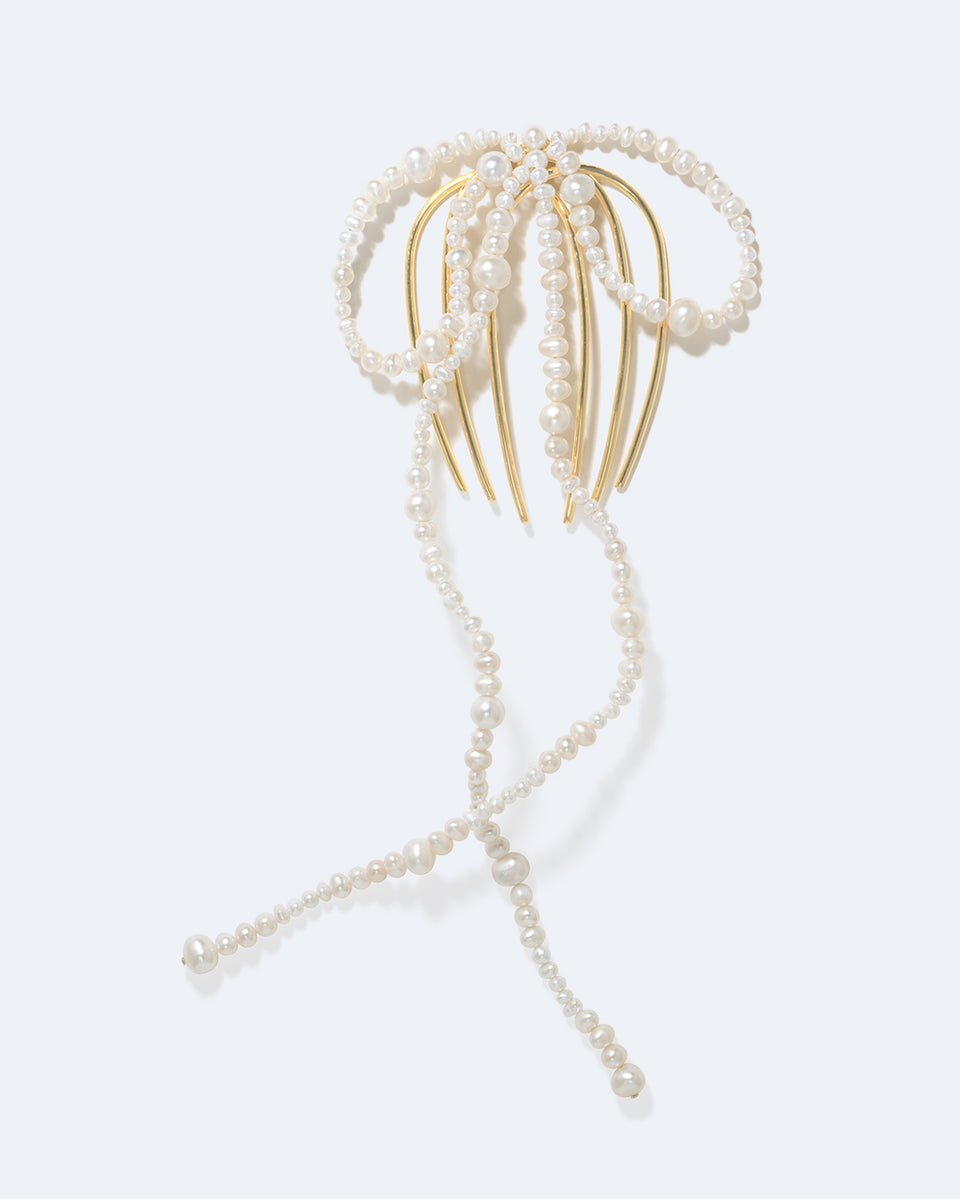 Jellyfish - Pearl and Gold Plated Long Bow Hair Comb