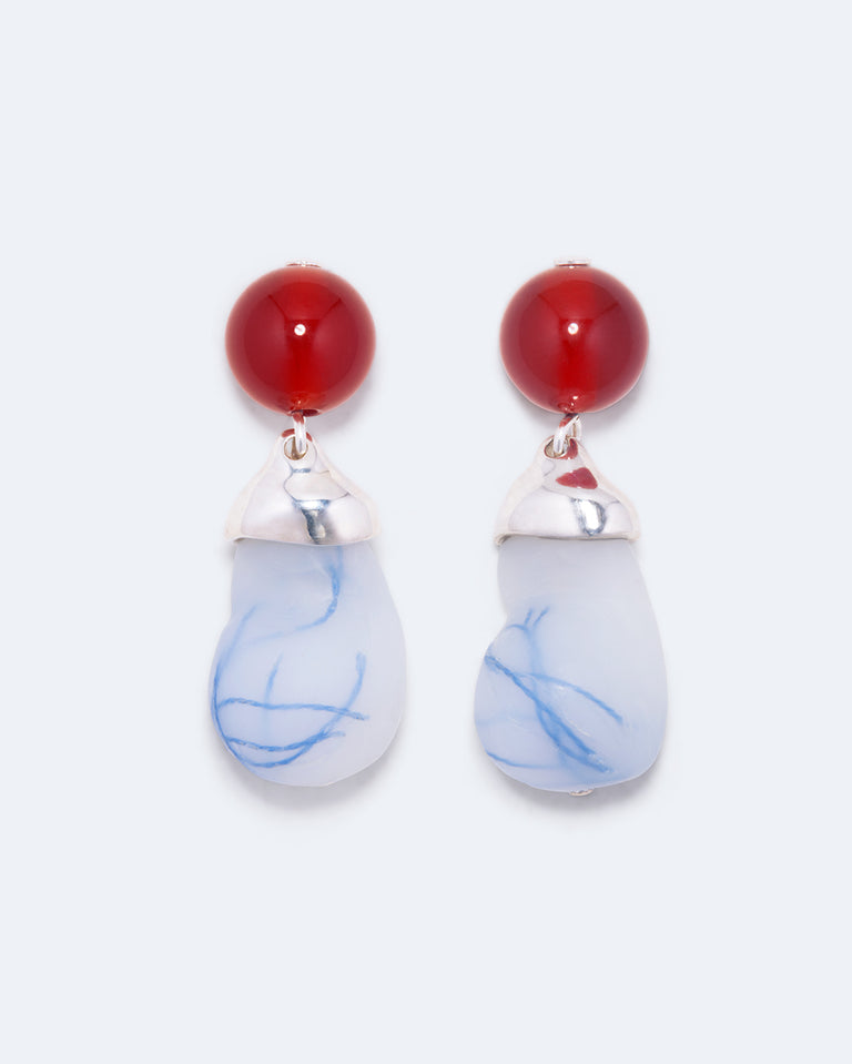 Beak - Blue Resin and Red Lace Agate Recycled Silver Earrings