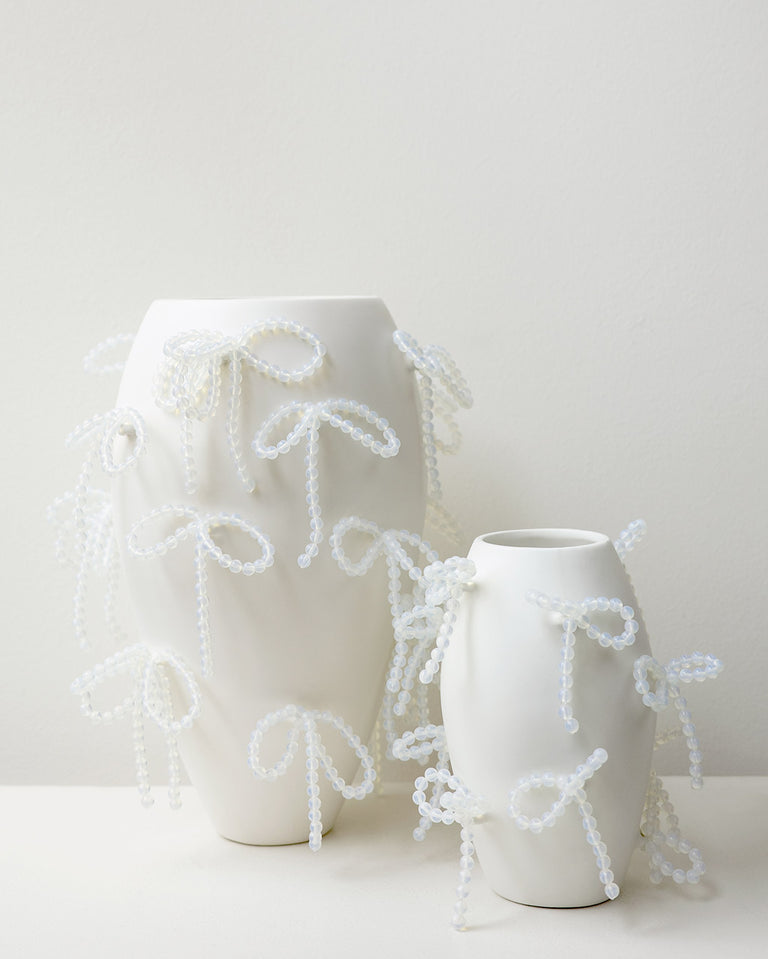 Power, Corruption, Lies - Large Vase In Matte White w/ Iridescent Opalite Bows