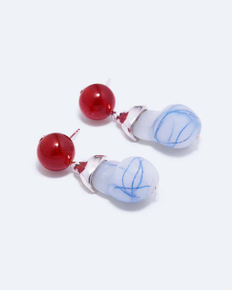 Beak - Blue Resin and Red Lace Agate Recycled Silver Earrings