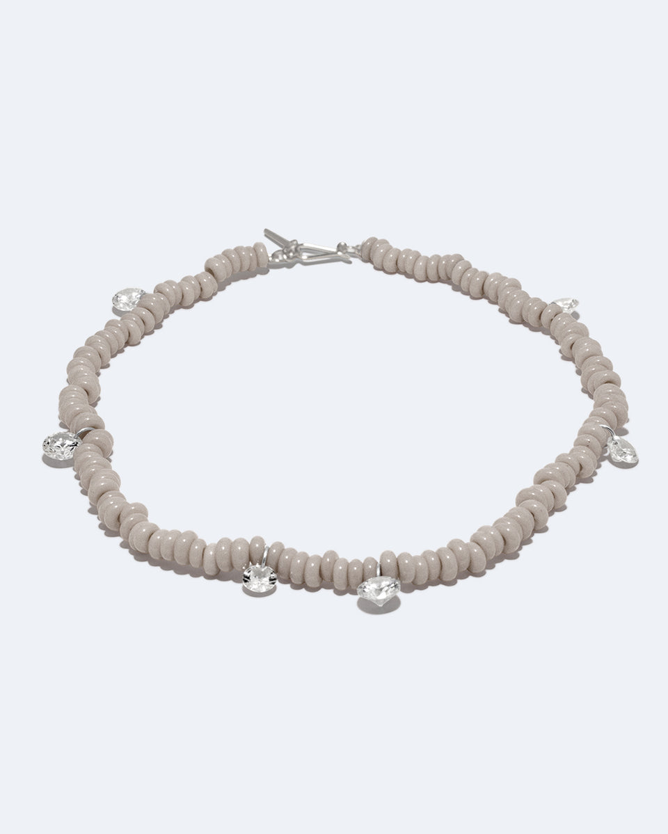 The Clustered Stars - Cubic Zirconia and Grey Glass Bead Rhodium Rhodium Plated Necklace