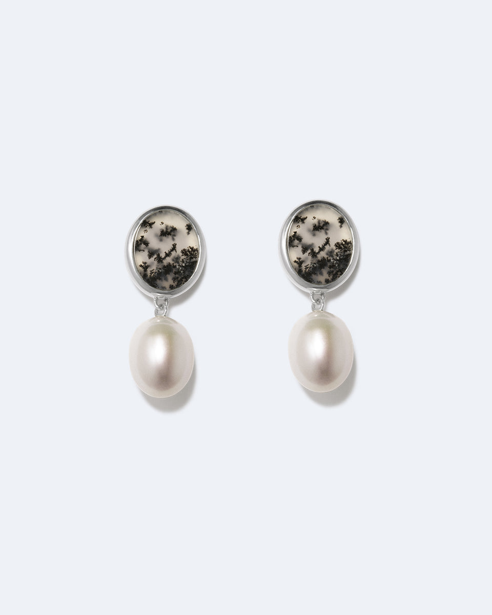 Heath - Pearl and Dendritic Agate Recycled Silver Earrings