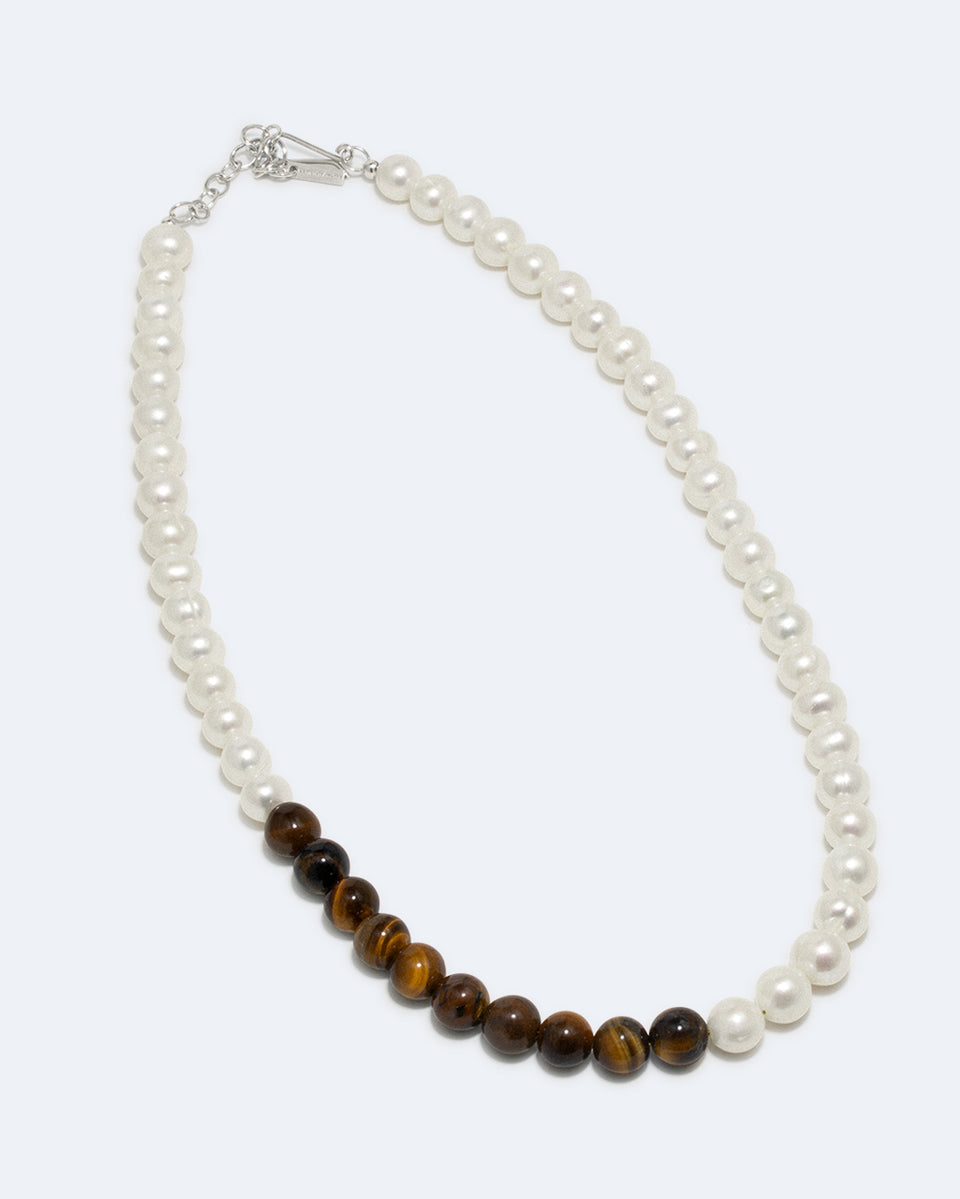 So Far So Good -  Pearl and Tiger Eye Bead Platinum Plated Necklace