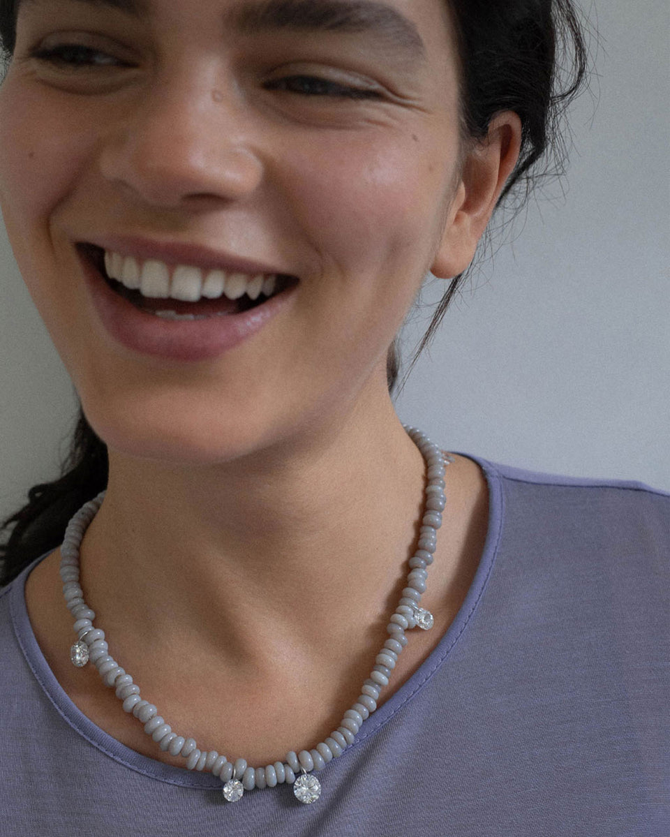 The Clustered Stars - Cubic Zirconia and Grey Glass Bead Rhodium Rhodium Plated Necklace