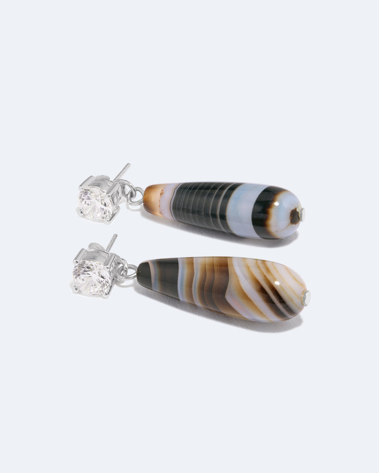 Trace of the Infinite - Banded Agate and Zirconia Recycled Silver Earrings