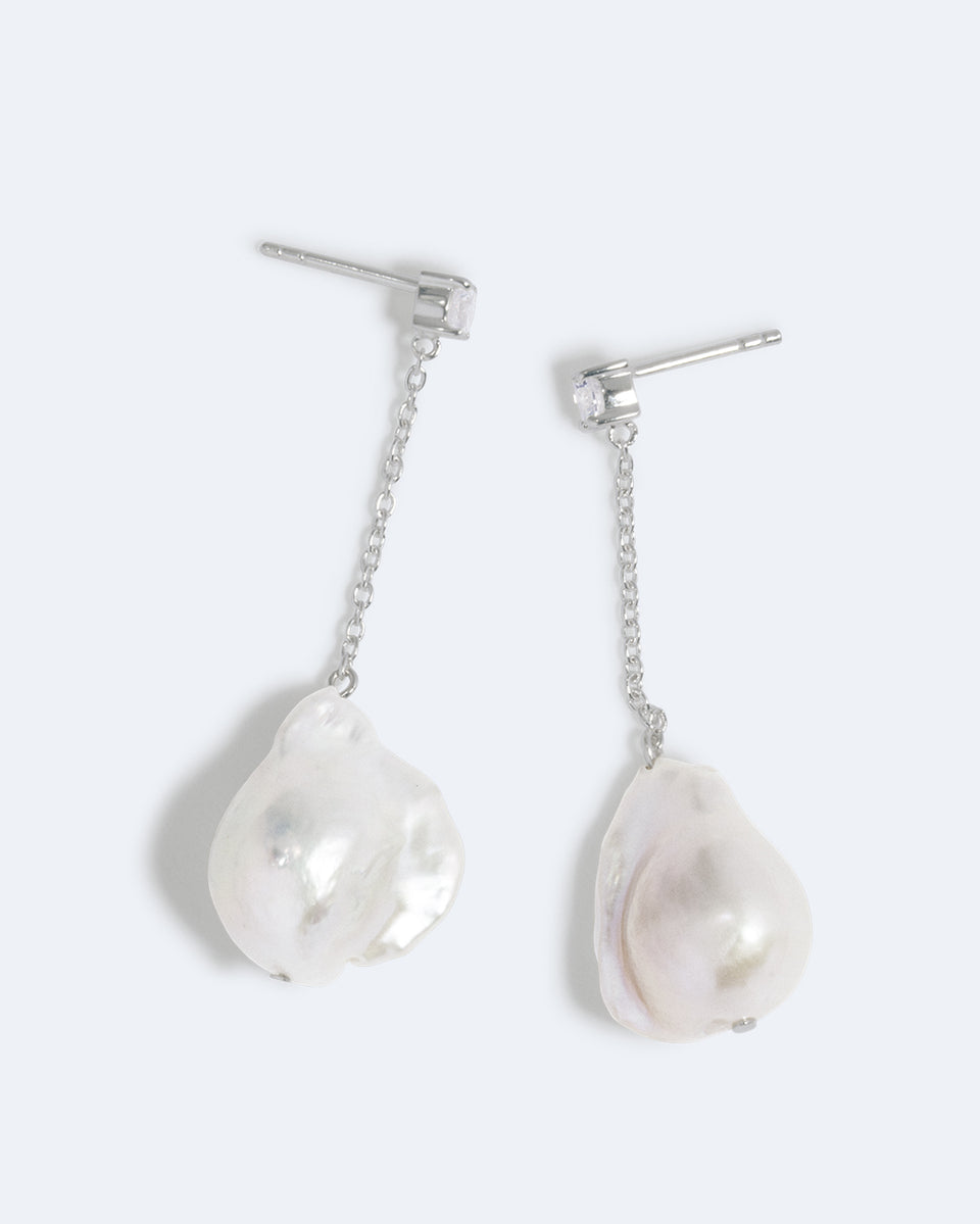 Suspended Boulder - Pearl and Zirconia Recycled Silver Earrings