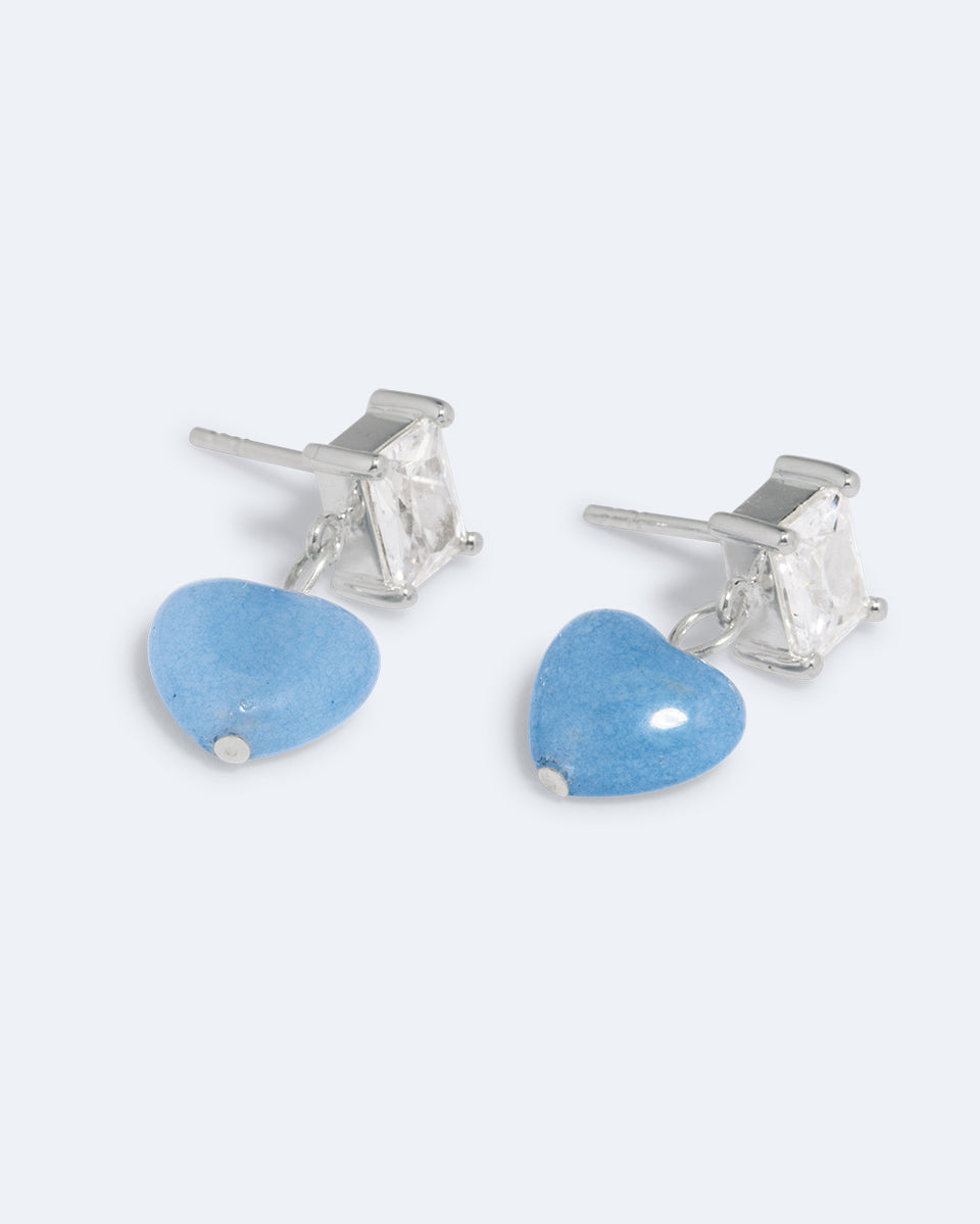 The Heart's Window - Blue Heart Bead and Zirconia Recycled Silver Earrings