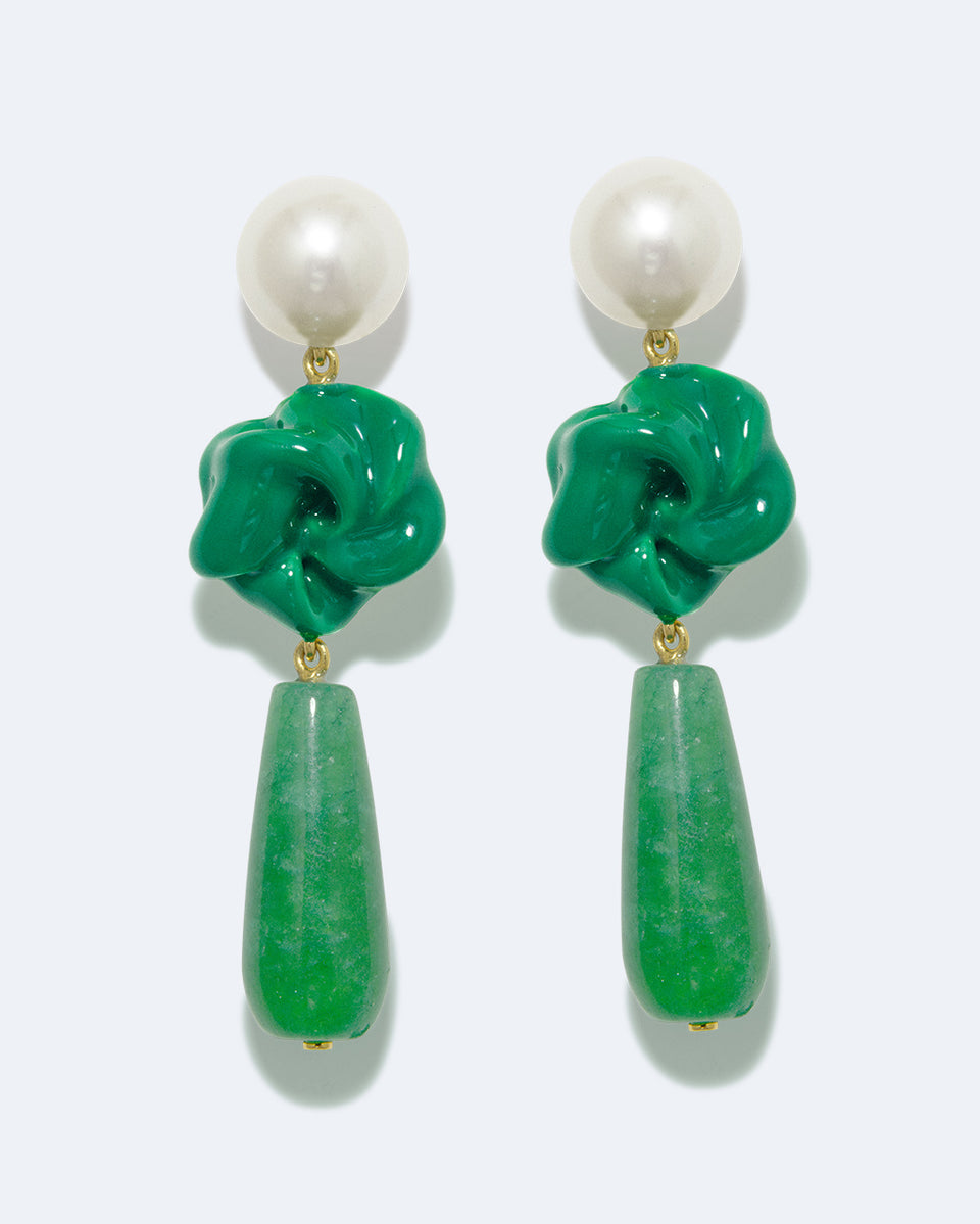 The Depths of Time - Pearl, Green Chalcedony and Enamel Recycled Gold Vermeil Earrings