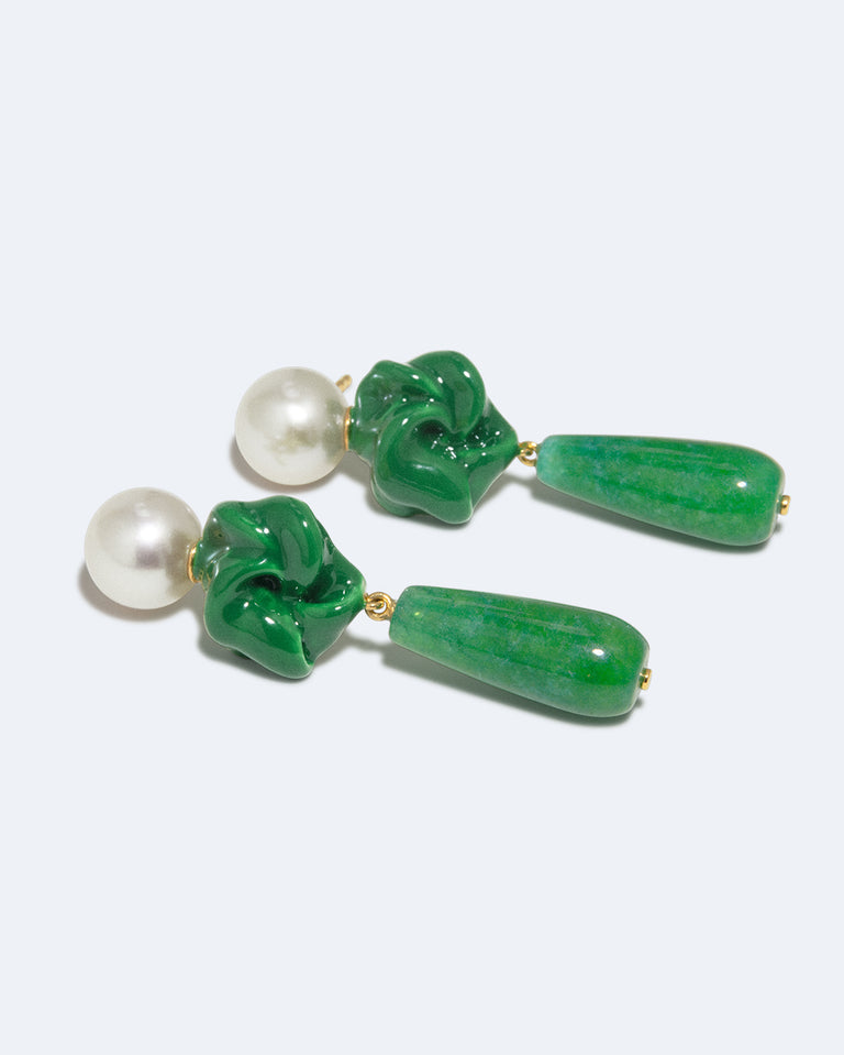 The Depths of Time - Pearl, Green Chalcedony and Enamel Recycled Gold Vermeil Earrings