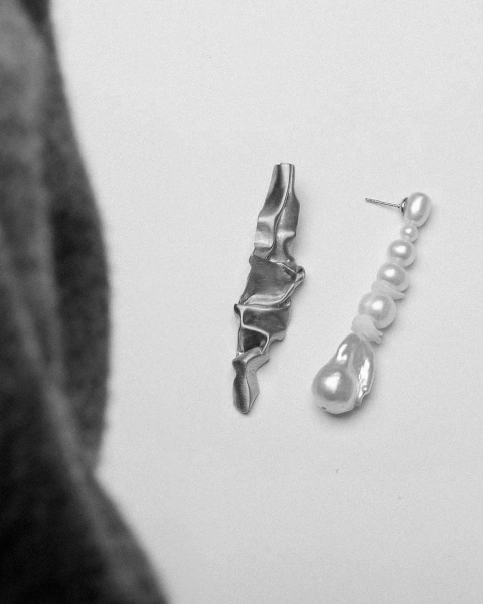Crumple - Pearl and Ceramic Recycled Silver Earrings