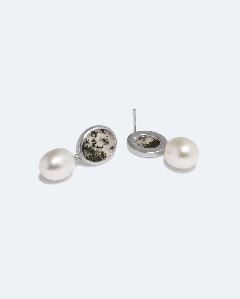 Heath - Pearl and Dendritic Agate Recycled Silver Earrings