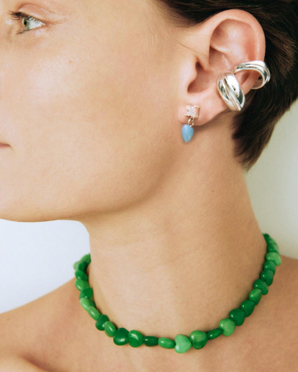 The Heart's Window - Blue Heart Bead and Zirconia Recycled Silver Earrings