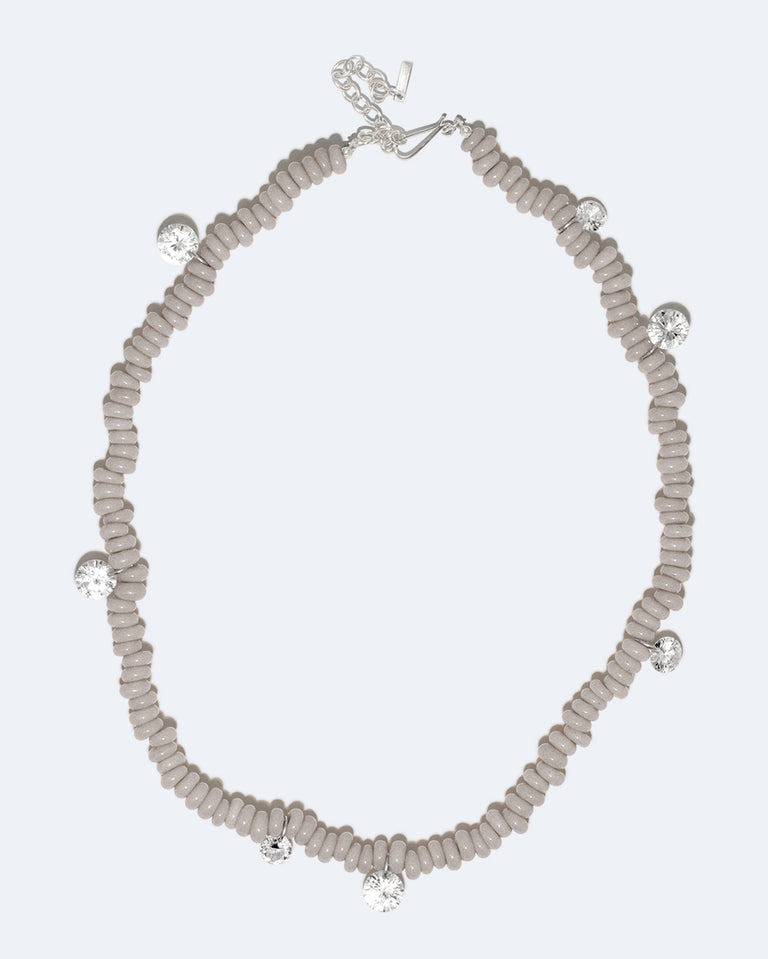 The Clustered Stars - Cubic Zirconia and Grey Glass Bead Rhodium Rhodium Plated Necklace
