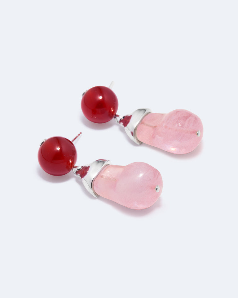 Beak - Pink Resin and Red Lace Agate Recycled Silver Earrings